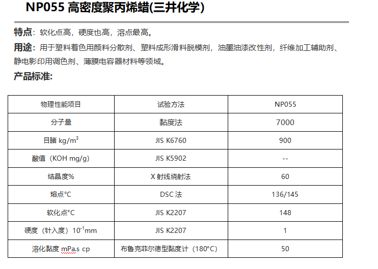 三井HI-WAX NP055高密度聚丙烯蜡（ PP蜡NP055）