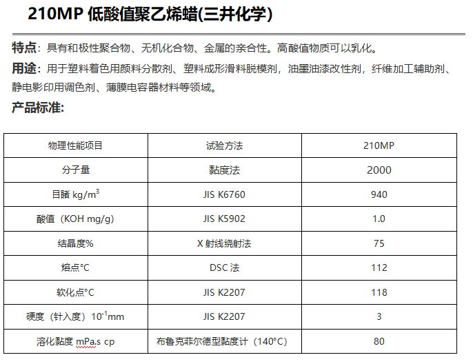 三井HI-WAX 210MP低酸值聚乙烯蜡（ PE蜡210MP ）