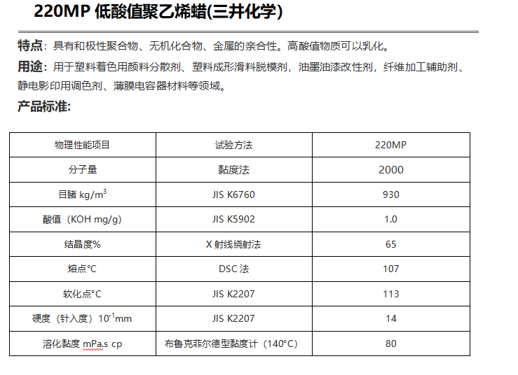 三井HI-WAX 220MP低酸值聚乙烯蜡（ PE蜡220MP ）